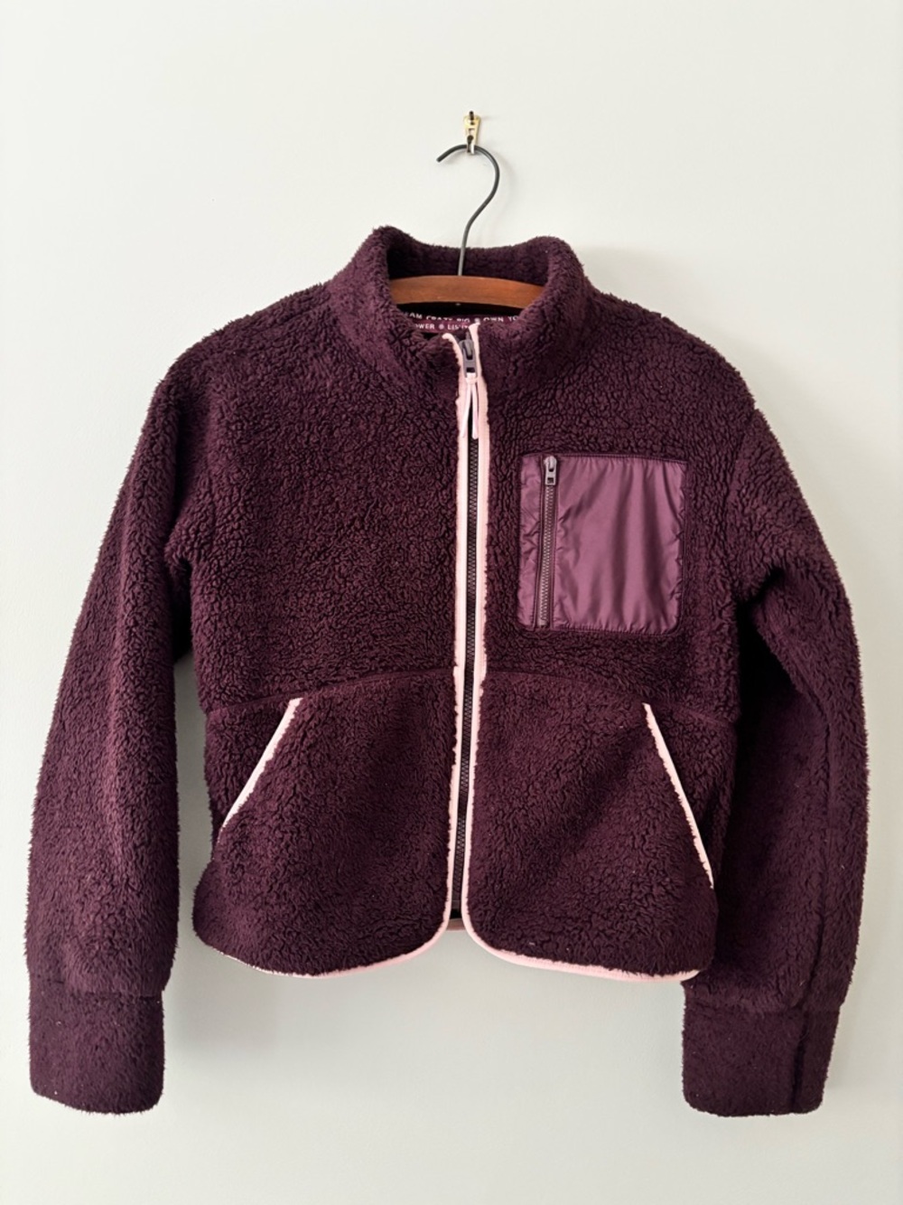 Athleta Girls Size 12 Sherpa Jacket in Deep Plum with Pink Trim
